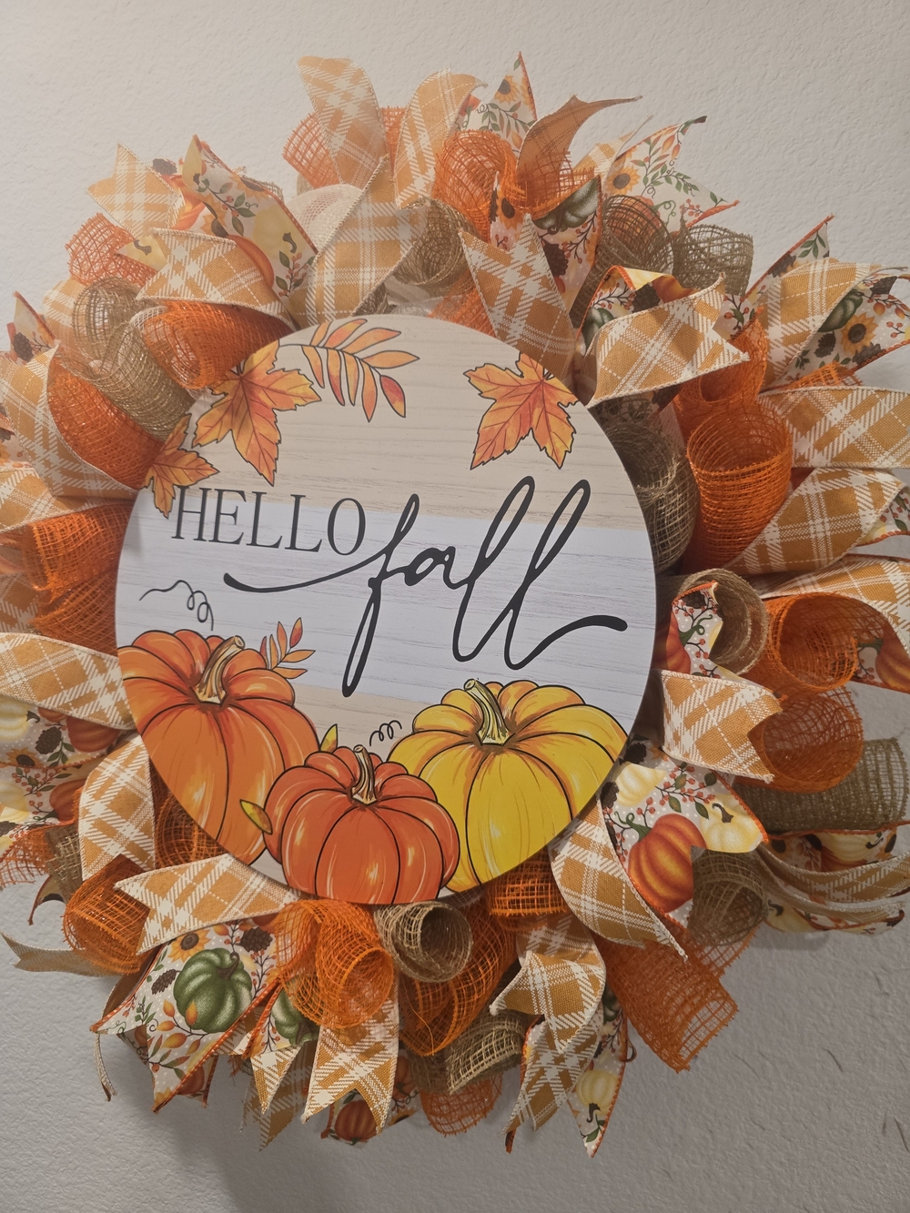 W159 - Hello Fall Pumpkin Wreath - Orange & Yellow Seasonal Wall Decor